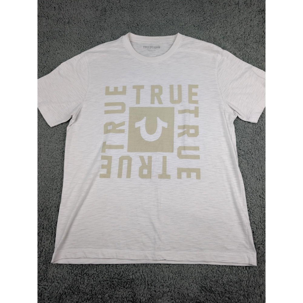 True Religion TShirt Men's L White/Tan Graphic Logo Horse Shoe Square